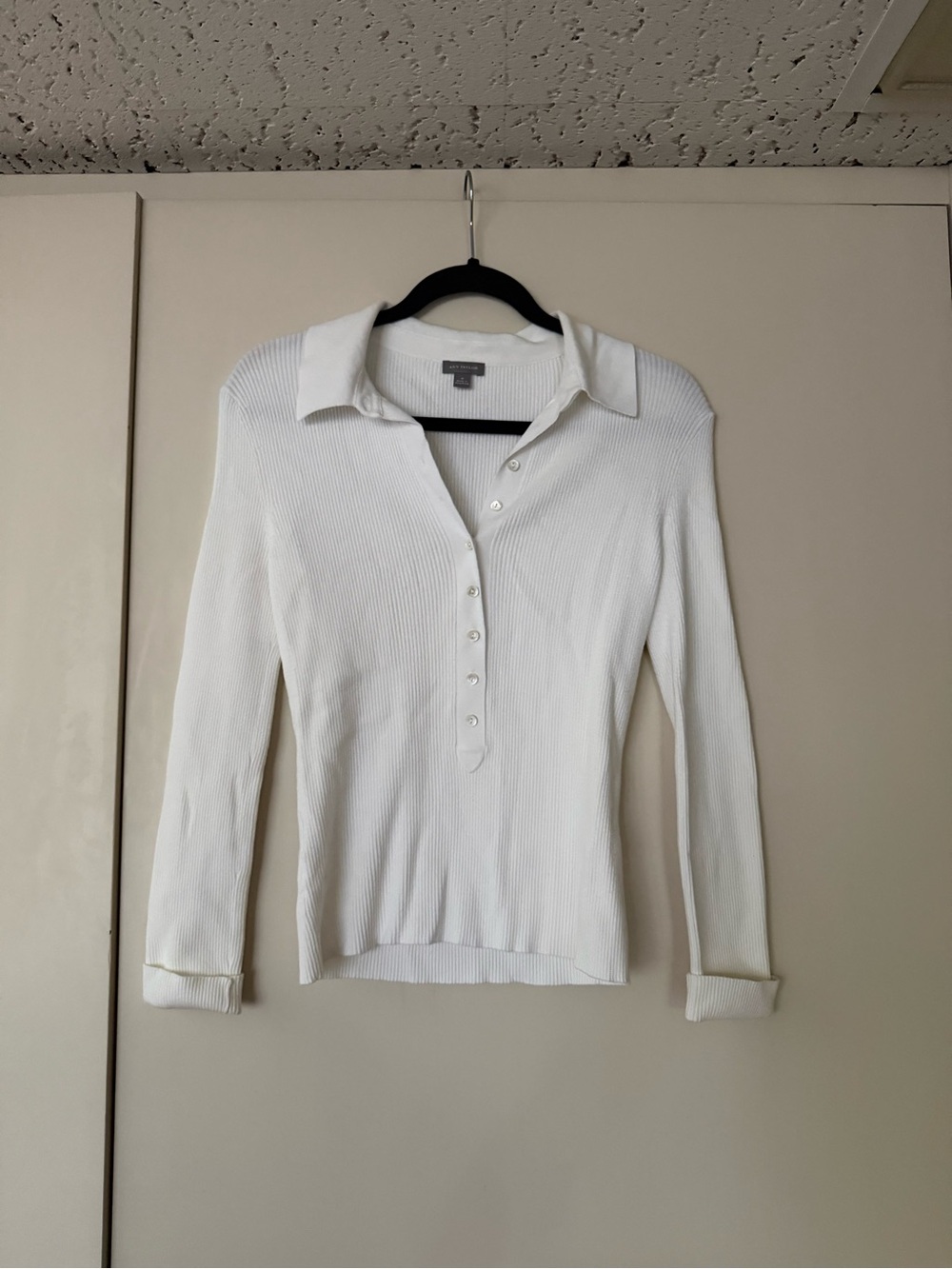 Ann Taylor White Ribbed Long-Sleeve Button Polo
